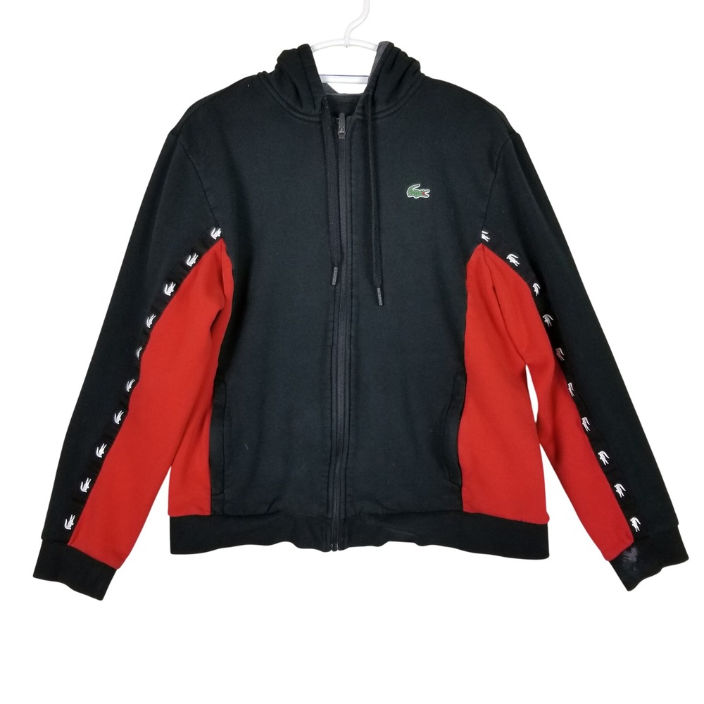 Lacoste Sport Full Zip Hoodie Mens XL Black Red Logo Taped Colorblock SH8661